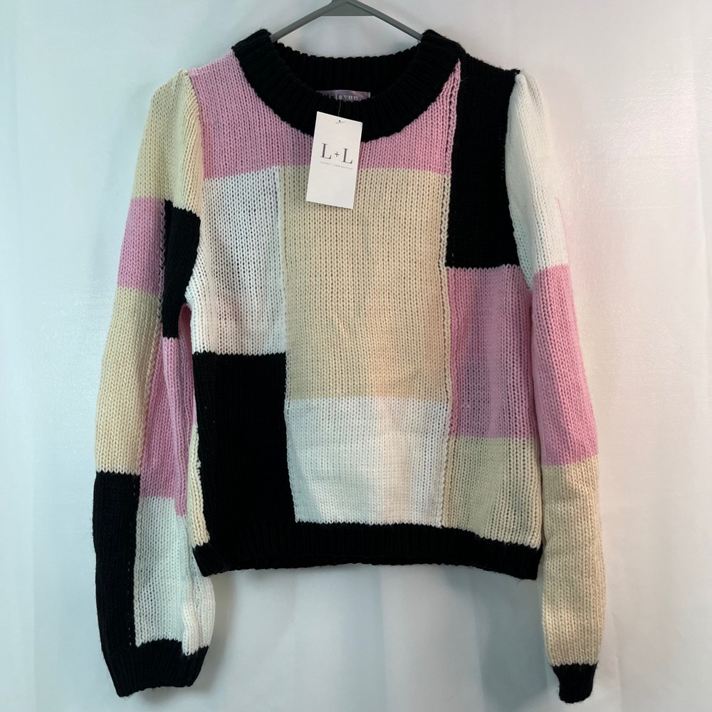 L+L Patchwork Color Block Knit‎ Sweater Girls L Pink Feminine Chic Barbiecore
